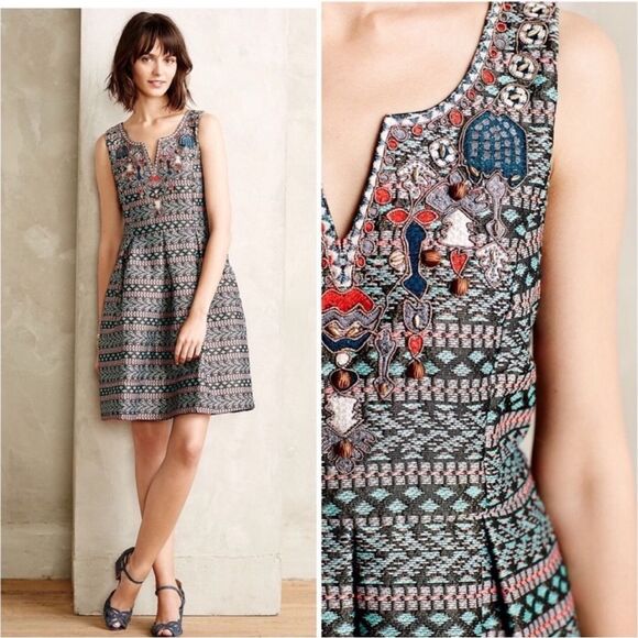 Anthropologie Moulinette Soeurs Chelly Dress sz 10 Jacquard embellished pockets - Picture 1 of 10